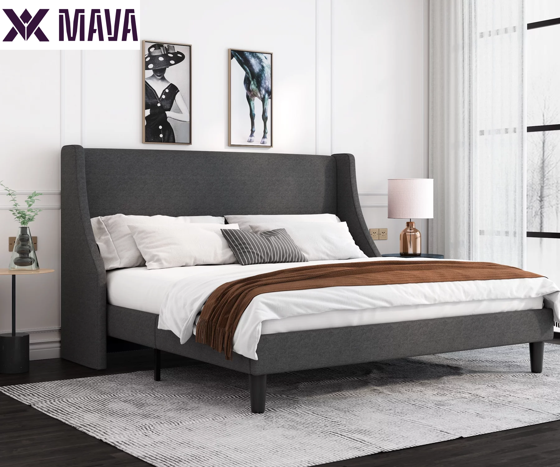 MAVA Queen Size Fabric Upholstered Platform Bed Frame with Wingback Headboard, Light Grey