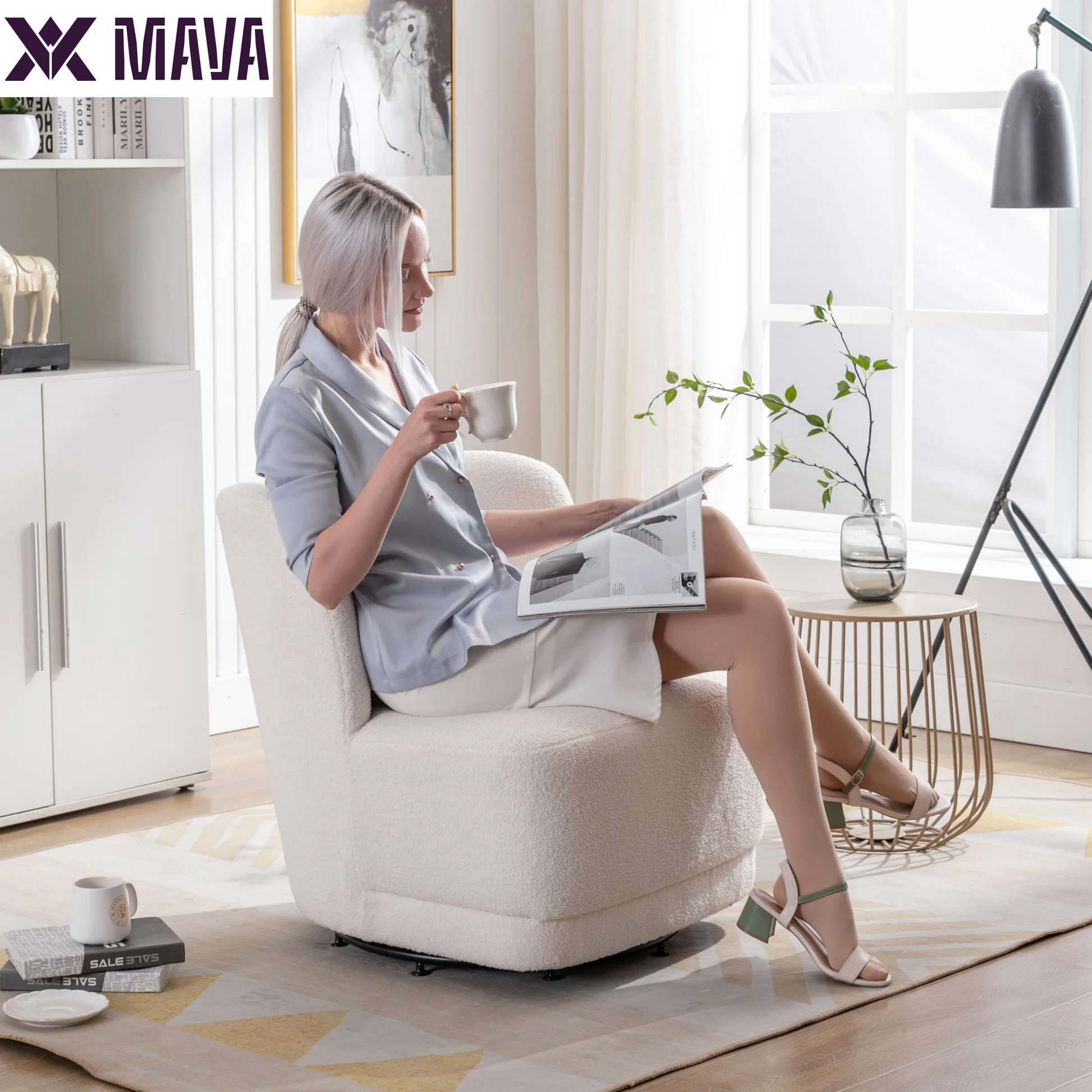 MAVA Swivel Accent Chair, Modern Teddy Fabric Upholstered 360°Swivel Barrel Chair Leisure Chair, Comfy Single Sofa Chair with Pillow, Reading Chair for Living Room Bedroom Office Lounge, White