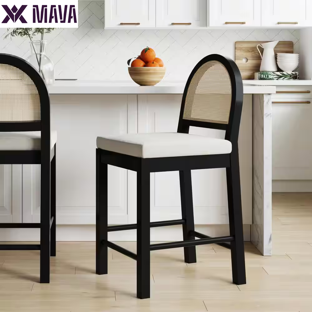 MAVA 19 In. Light Brown Natural Woven Rattan Back and Solid Wood, Legs Dining Chair with Padded Seat