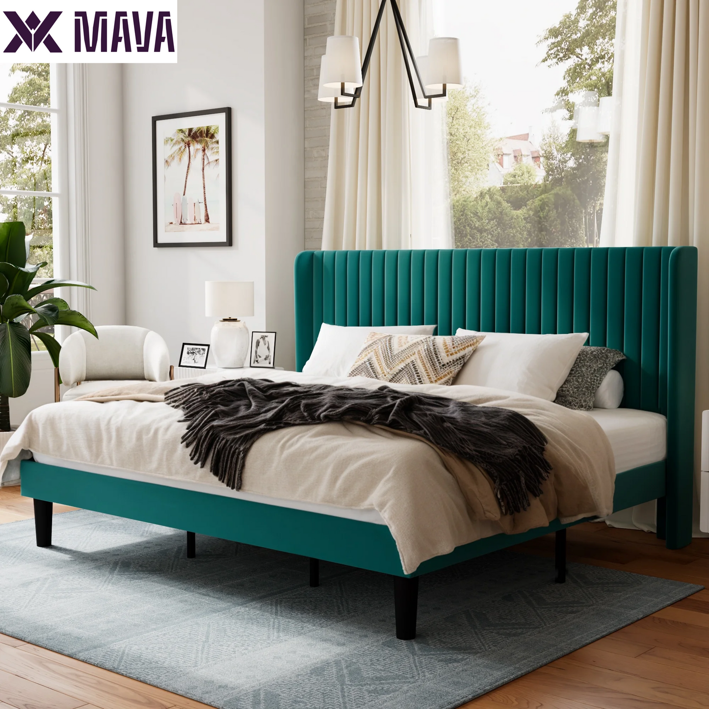 MAVA Queen Size Upholstered Platform Bed Frame with Velvet Channel Wingback Headboard, off White