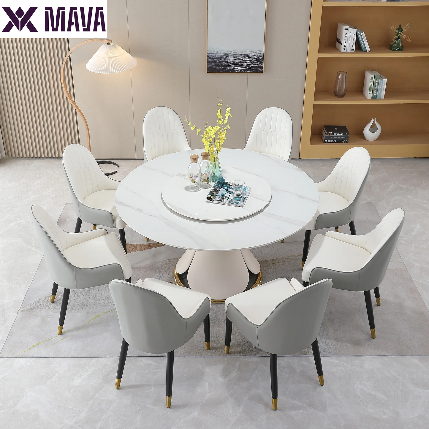 MAVA 59”  Sintered Stone round Kitchen Dining Table Set with 31.5” round Turntable for 6 People with Stainless Steel Base with 6 Chairs