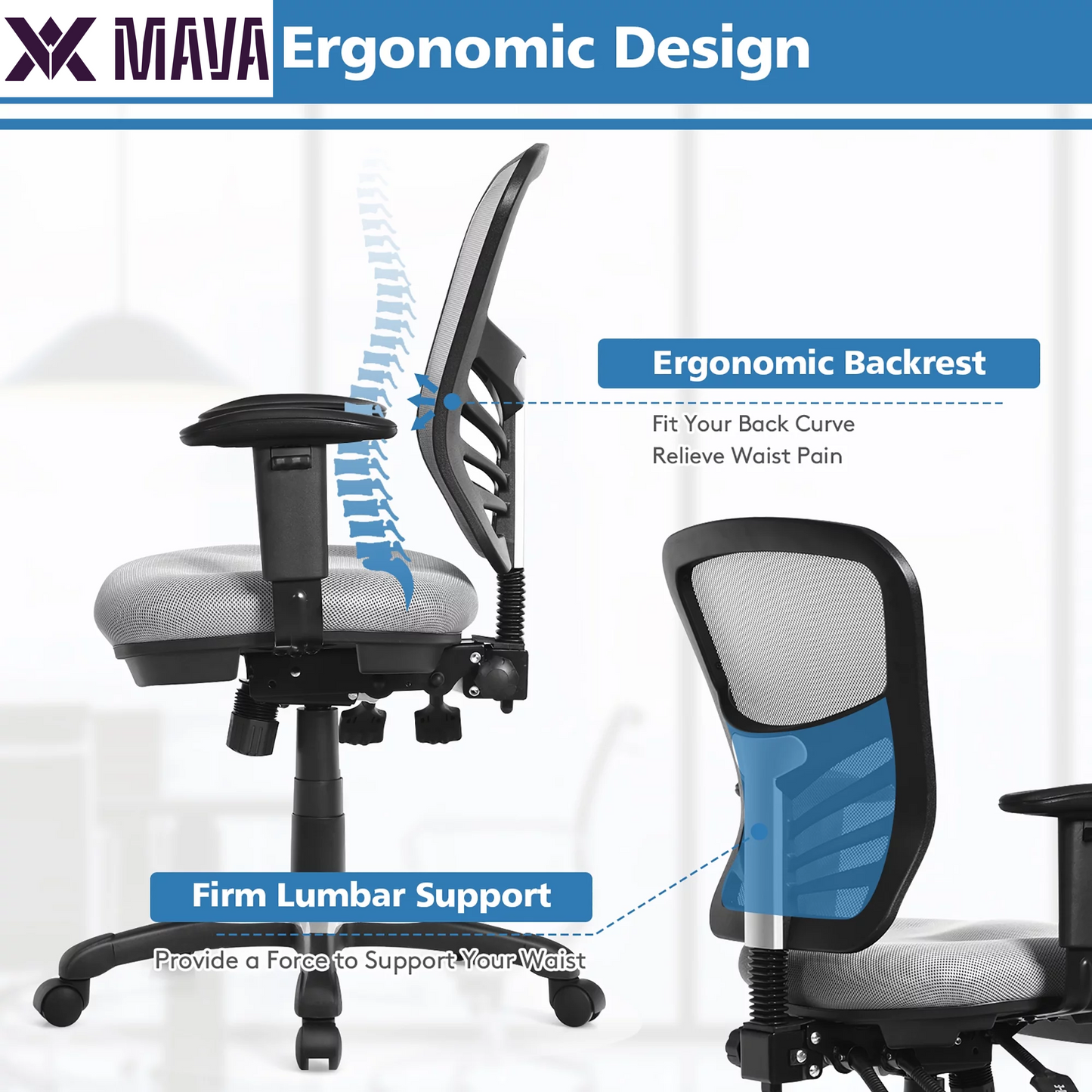 MAVA Mesh Office Chair 3-Paddle Computer Desk Chair W/ Adjustable Seat Grey