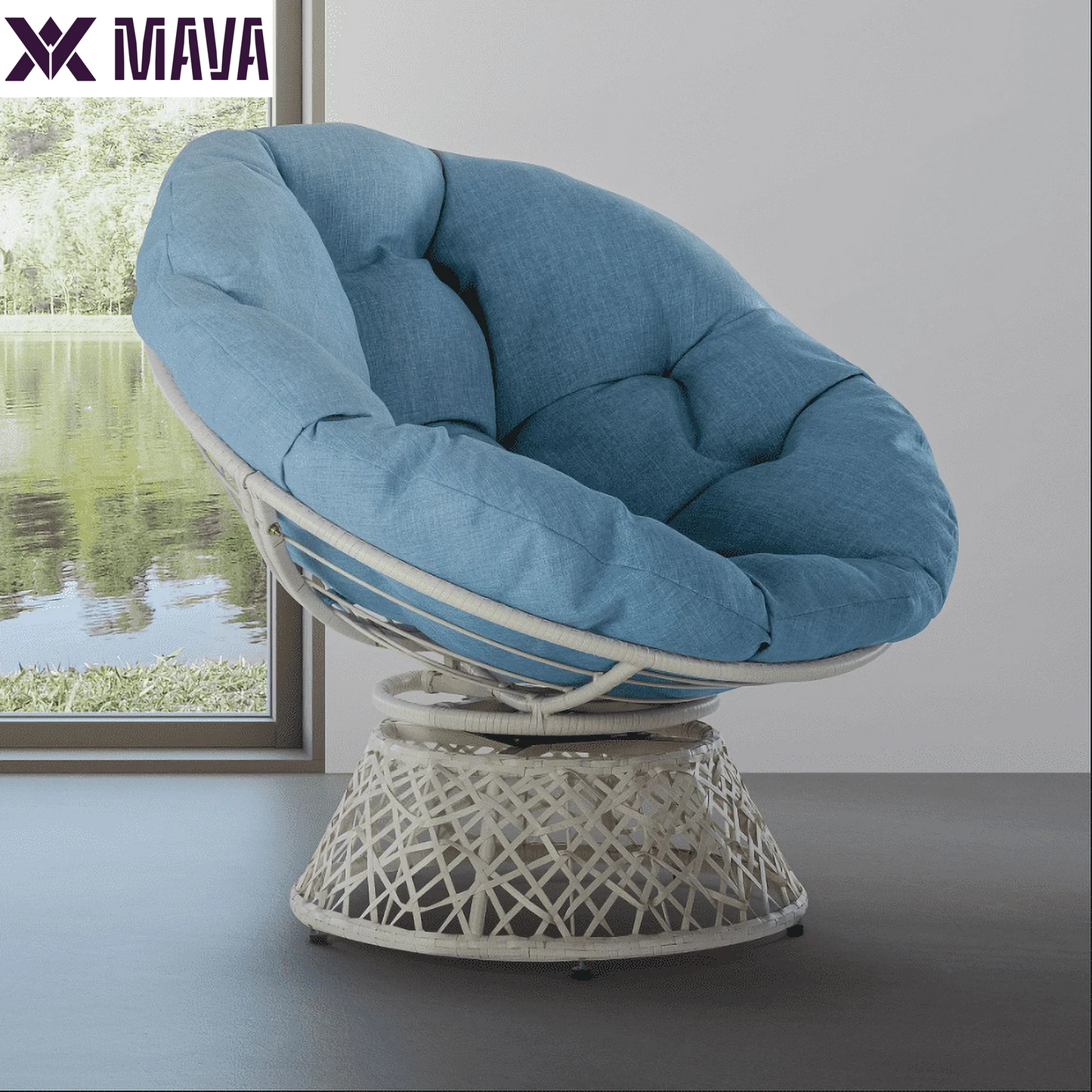 MAVA 360 Swivel Comfy Papasan Chair with Fabric Cushion, Pure Pearl - White Frame