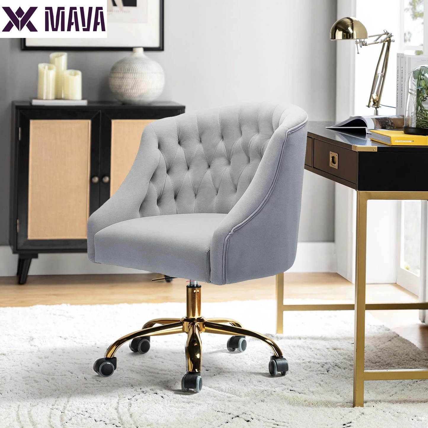 MAVA Modern Home Task Chair Swivel Rolling Computer Velvet Fabric Gold Legs Makeup Vanity Chairs Adult Pink