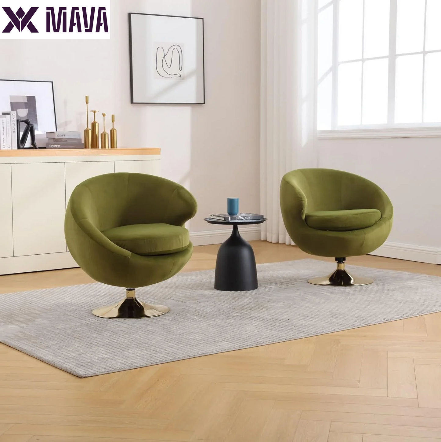 MAVA Modern round Swivel Chair, Green Velvet Accent Chair, 360 Swivel Cuddle Barrel Chair, Gold Base