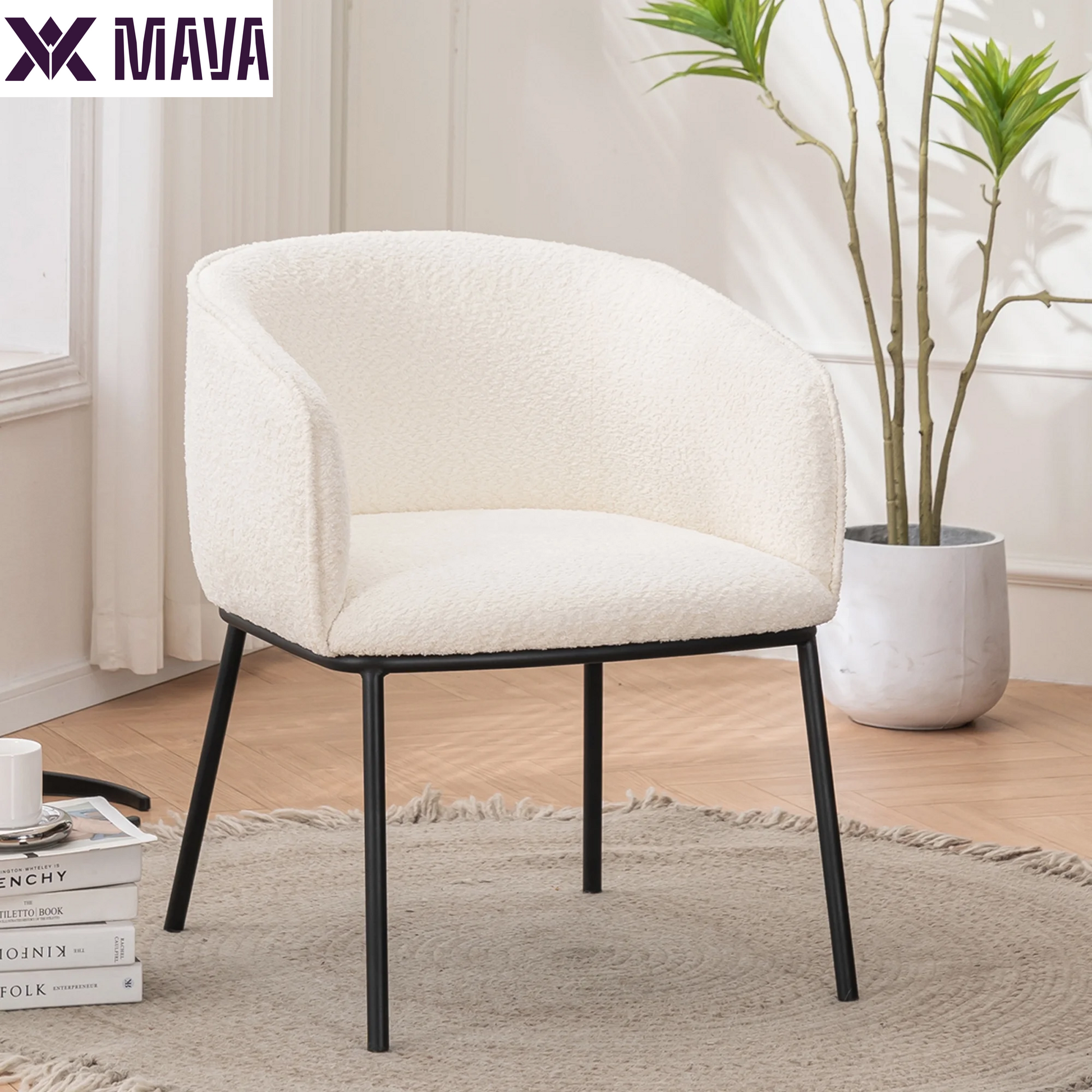 MAVA Boucle Barrel Accent Chair for Living Room Bedroom Dining Room, Upholstered, Modern (White)