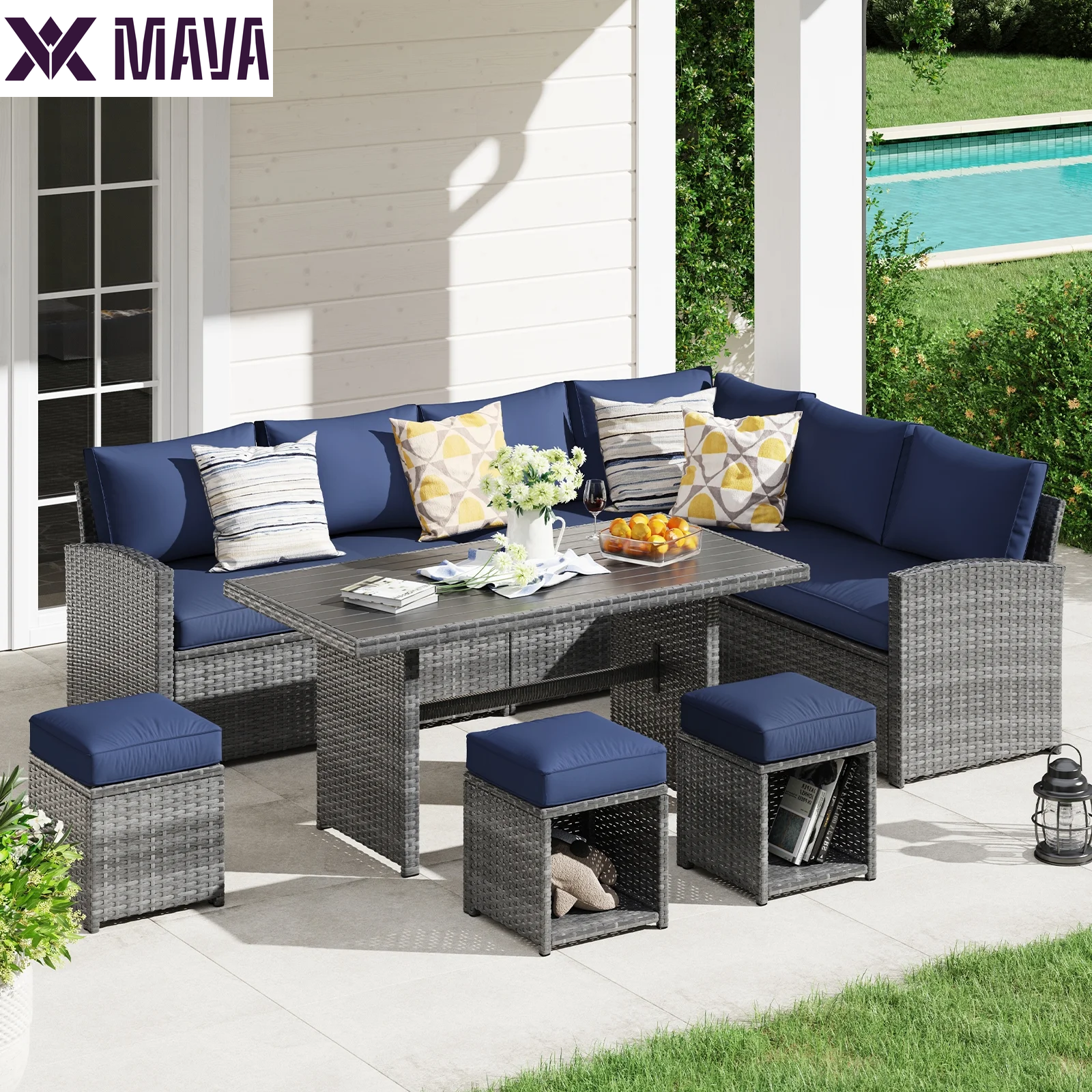 MAVA 7 Pieces PE Rattan Wicker Dining 9 Sofa Set, Outdoor Patio Furniture, Gray