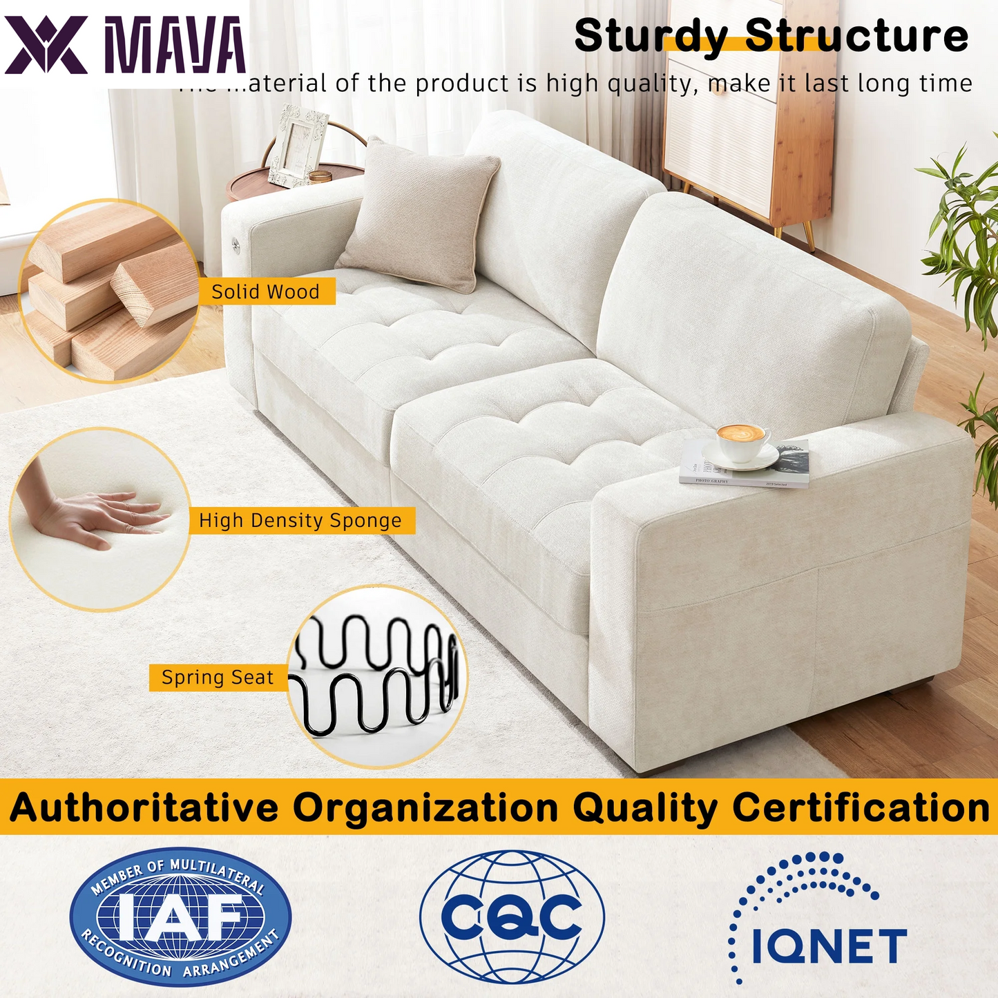 MAVA 89'' Comfy Sofa Couch for Living Room, Modern Deep Seat Couch with Wide Armrest, Removable Cover, Chenille Fabric Couches for Small Space, Apartment, 3 Seater(Beige)