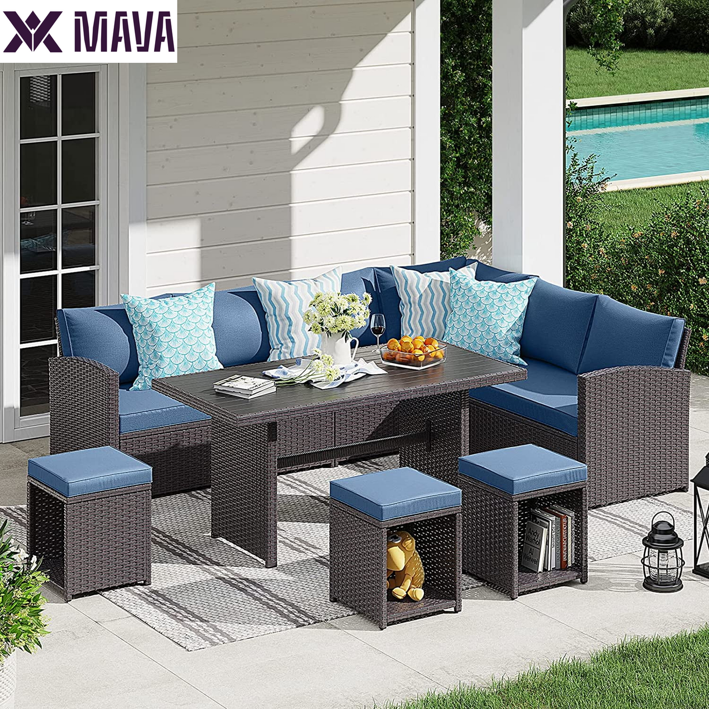 MAVA 7 Pieces PE Rattan Wicker Dining 9 Sofa Set, Outdoor Patio Furniture, Gray