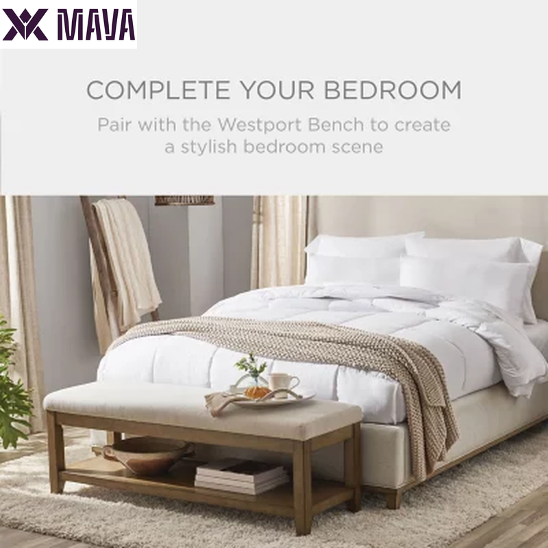 MAVA Beige Fabric Upholstery and Wood Queen Size Bed Frame