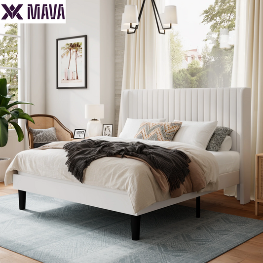 MAVA Queen Size Upholstered Platform Bed Frame with Velvet Channel Wingback Headboard, off White