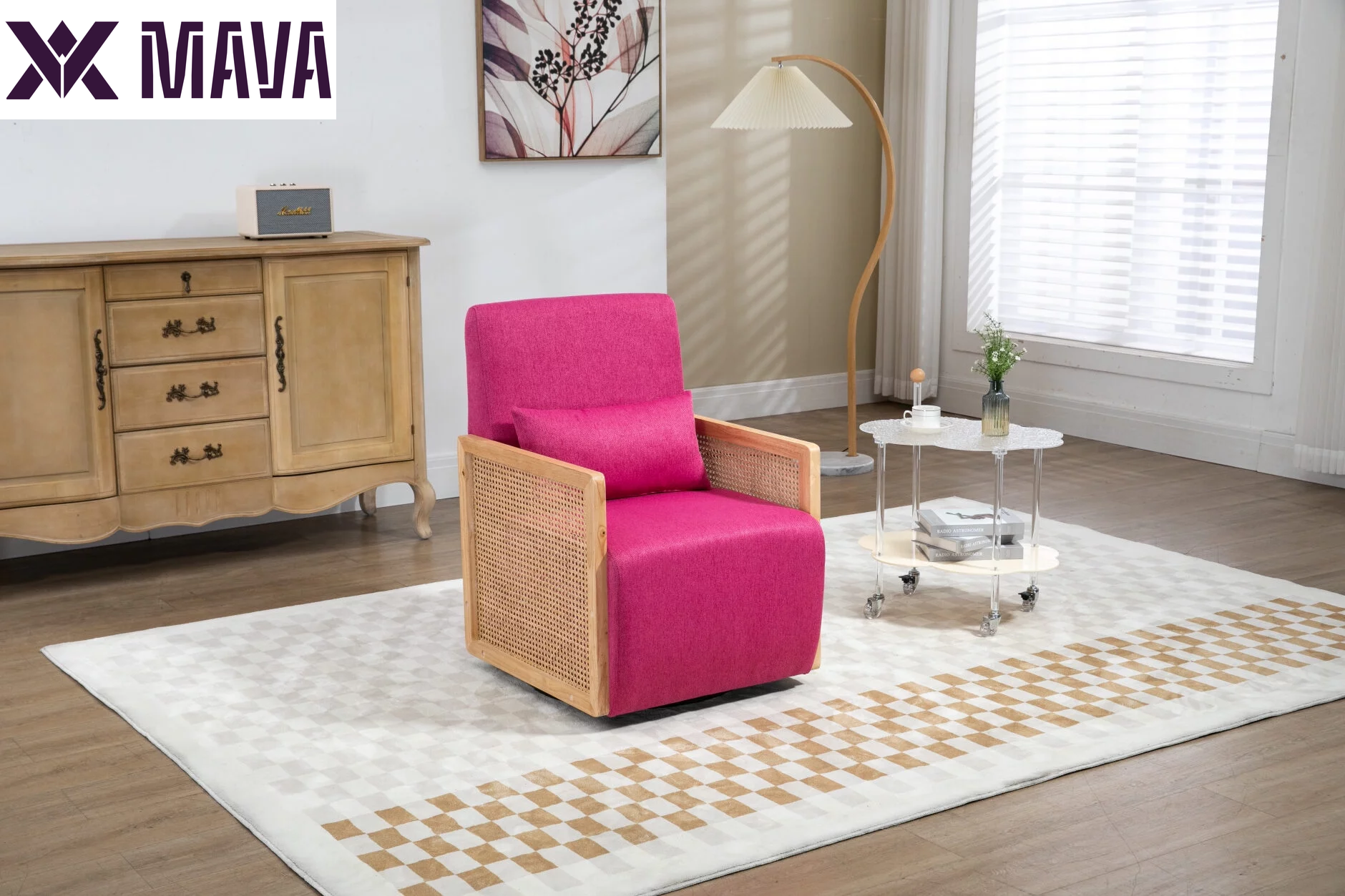 MAVA Swivel Barrel Chair, Modern Linen Accent Chair with Rattan Armrest, Upholstered Comfy Swivel Accent Chair