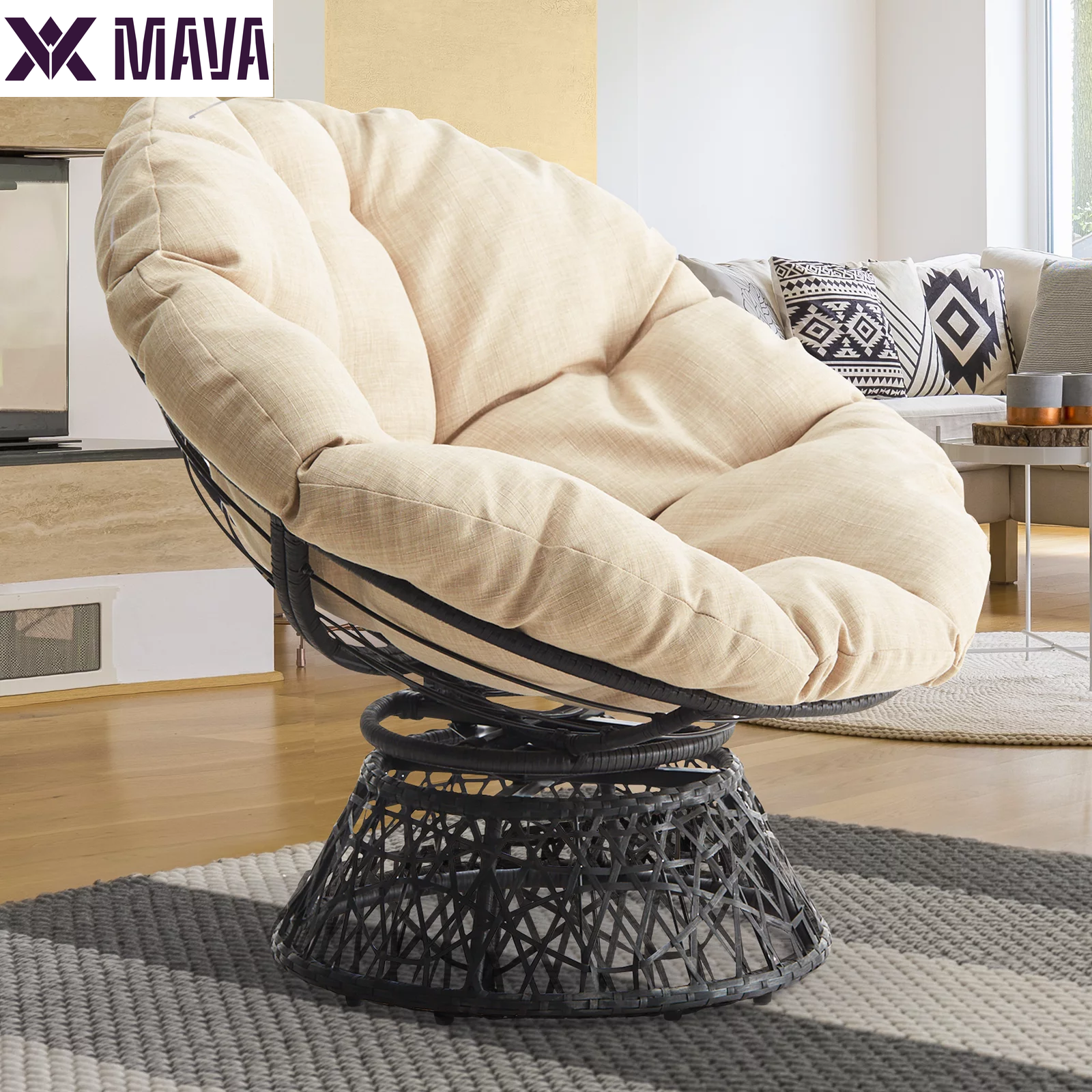 MAVA 360 Swivel Comfy Papasan Chair with Fabric Cushion, Pure Pearl - White Frame