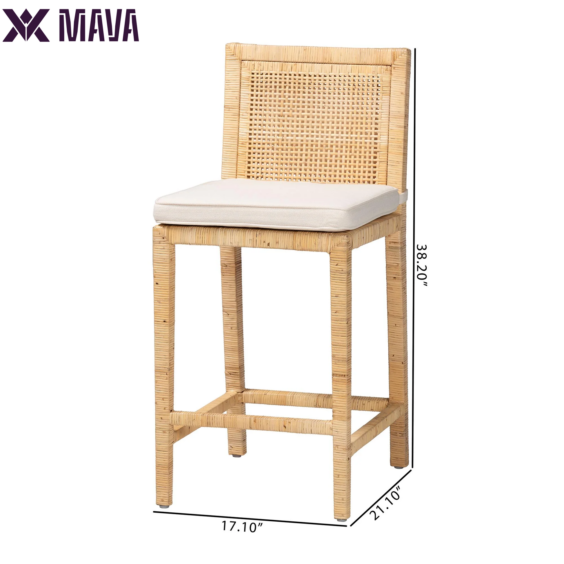 MAVA Sofia Rattan and Mahogany Wood BOHO Counter Stool, Natural