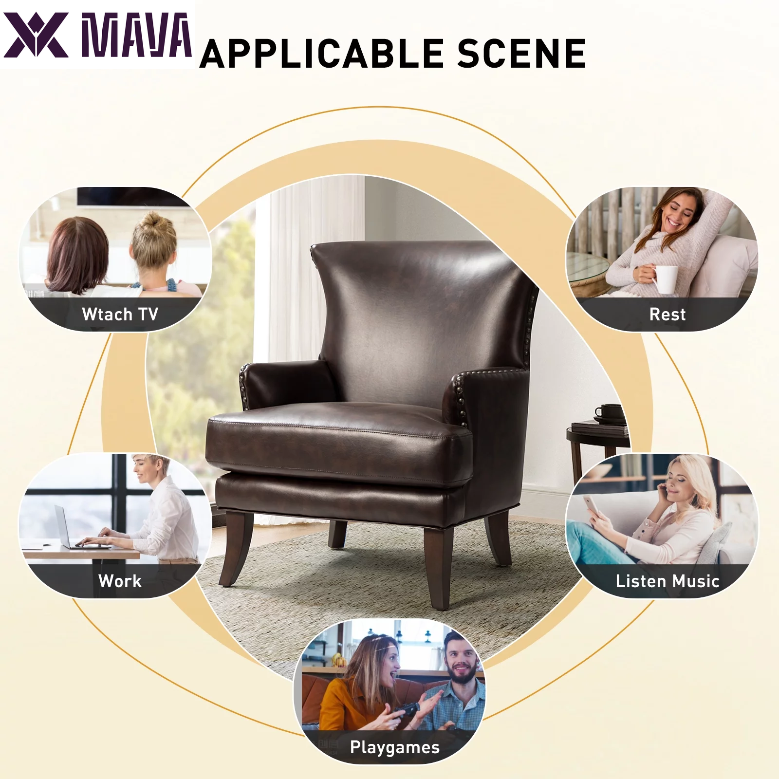 MAVA Vegan Leather Accent Chair Wingback Tight Back Nailhead Trim Wood Legs Lounge Armchair Sofa Home Living Room Adult Brown