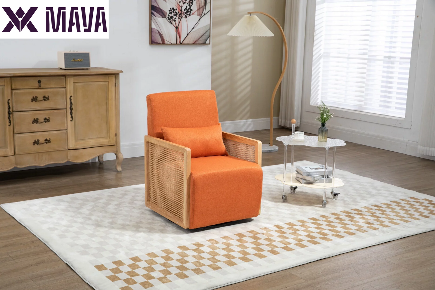 MAVA Swivel Barrel Chair, Modern Linen Accent Chair with Rattan Armrest, Upholstered Comfy Swivel Accent Chair