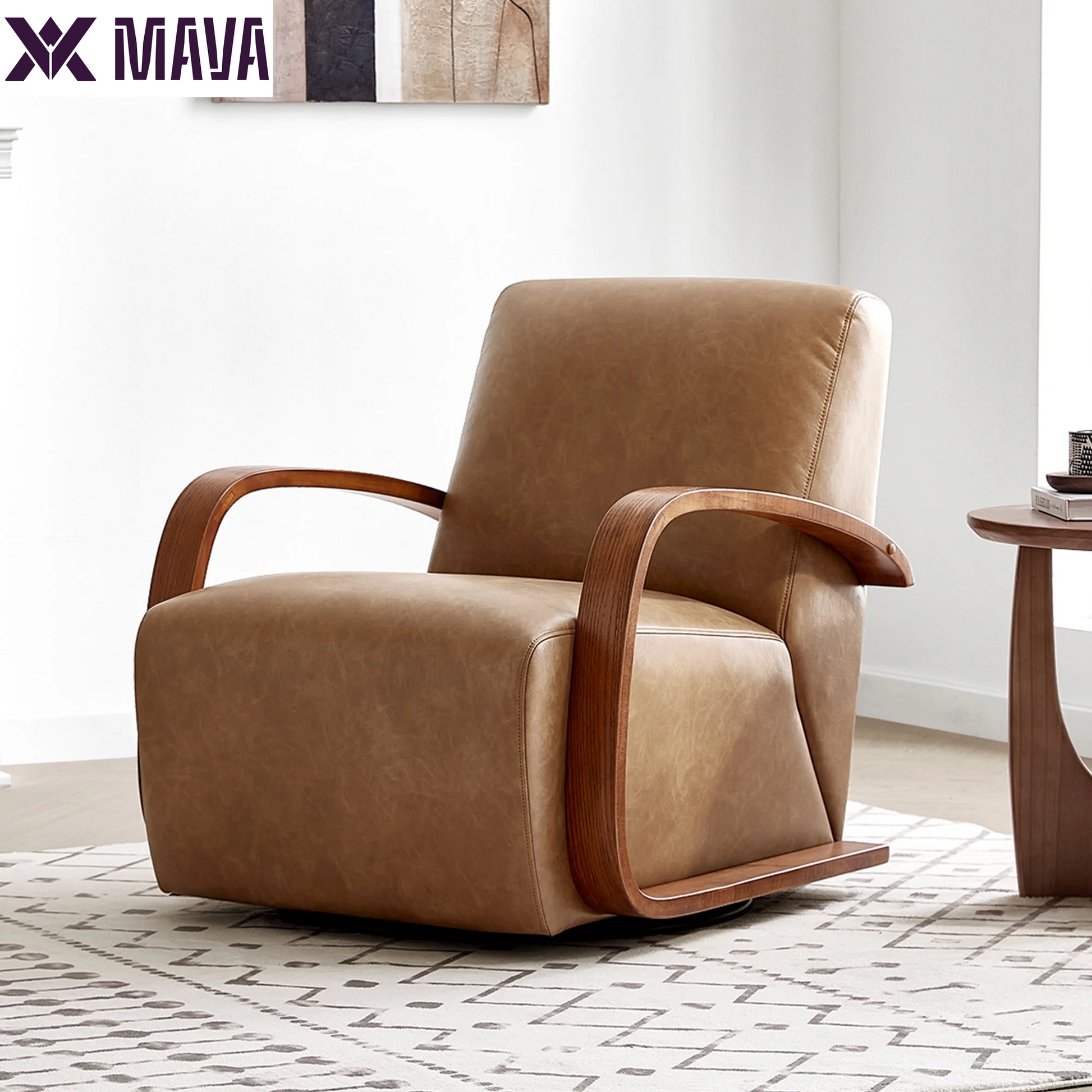 MAVA Swivel Accent Chair with U-Shaped Wood Arm for Living Room Beedroom, Linen & Gray Wood