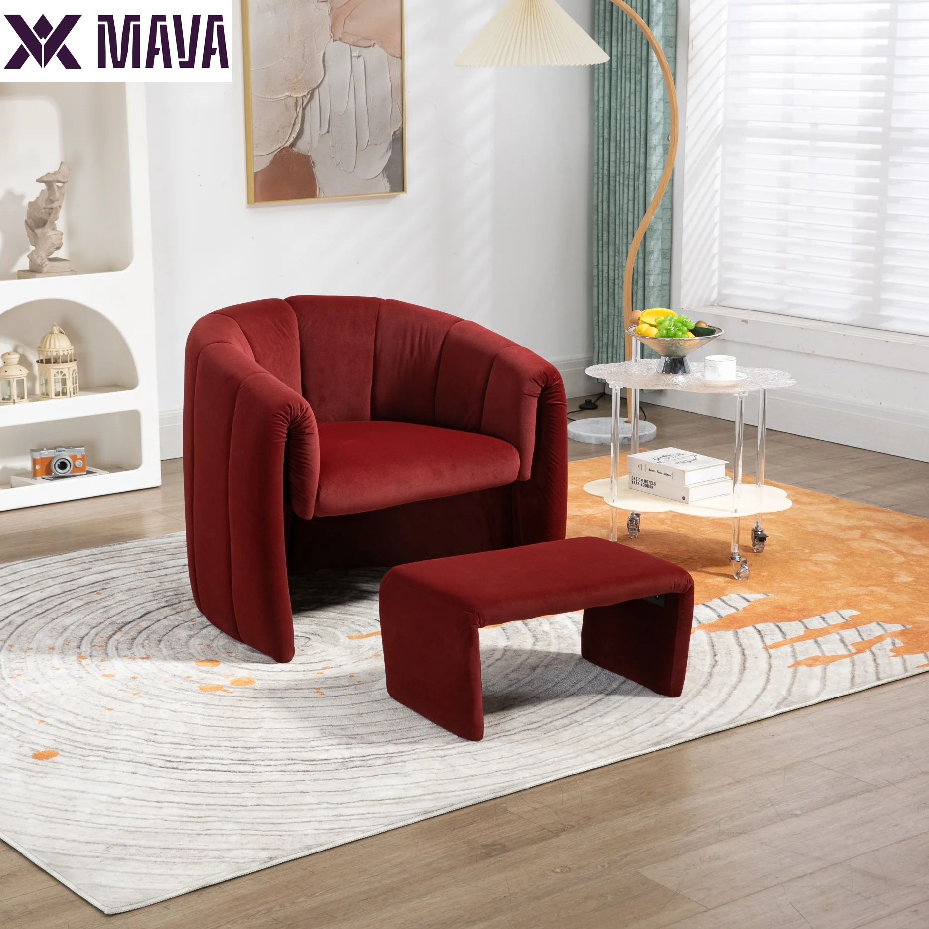 MAVA Modern Velvet Accent Chair with Ottoman, Upholstered Armchair with Wooden Frame