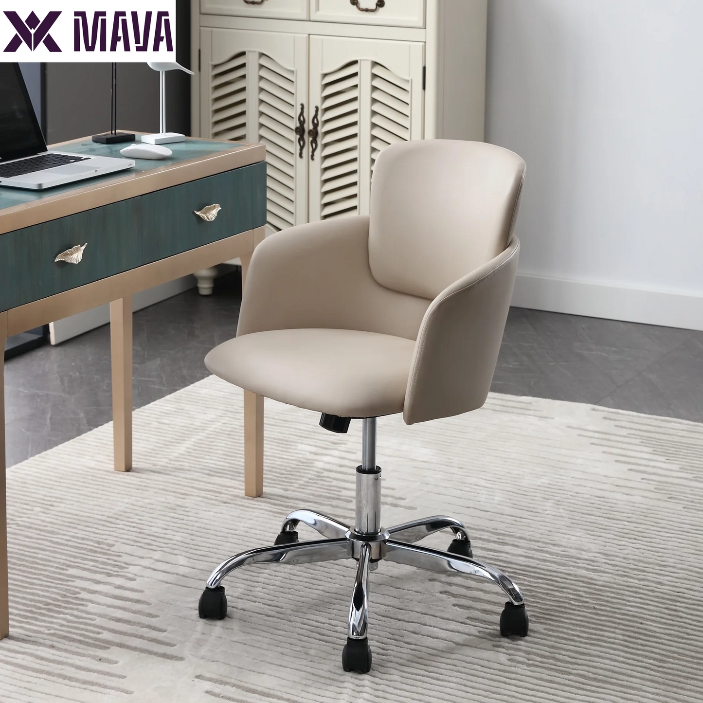 MAVA Office Chair, Ergonomic Home Office Chair, PU Leather Upholstered Computer Chair with Wheels & Adjustable Height, Modern Desk Chair Swivel Arm Chairs for Living Room Bedroom Office, Beige