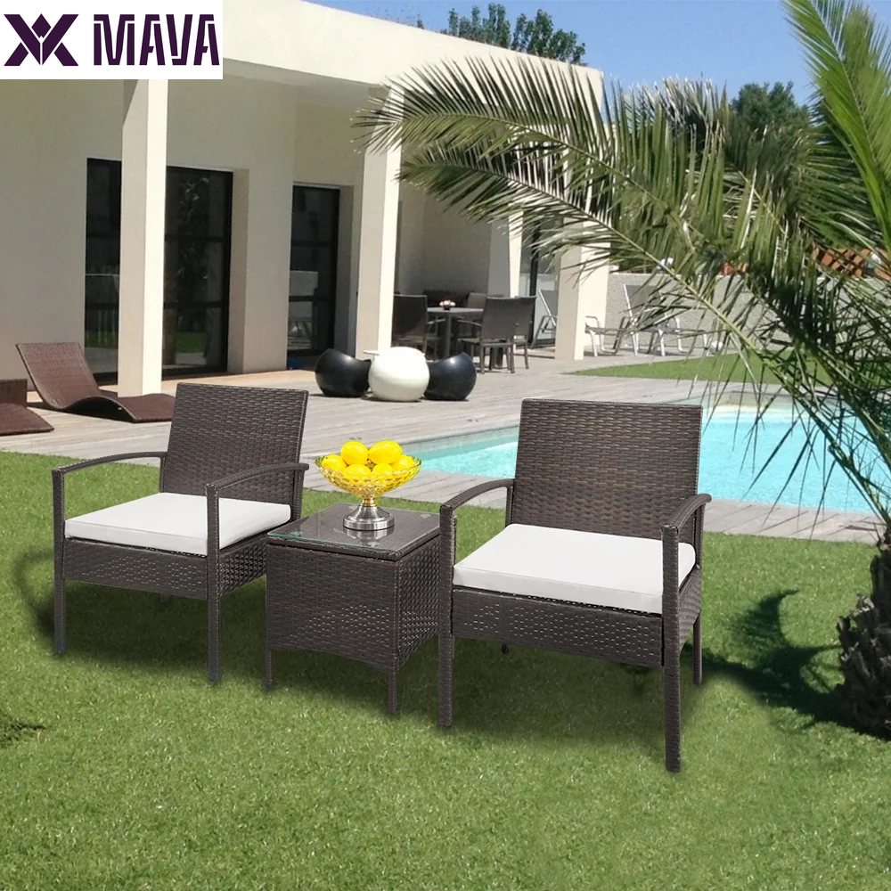 MAVA 4PCS Patio Rattan Furniture Conversation Set Cushioned Sofa Table Garden Black