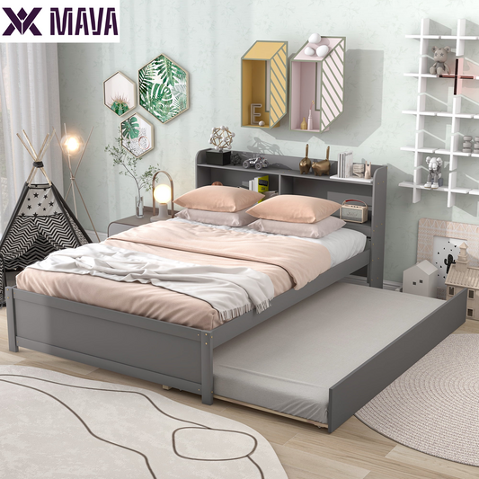 MAVA Wood Full Size Bed with Trundle & Bookcase Headboard for Kids, Gray