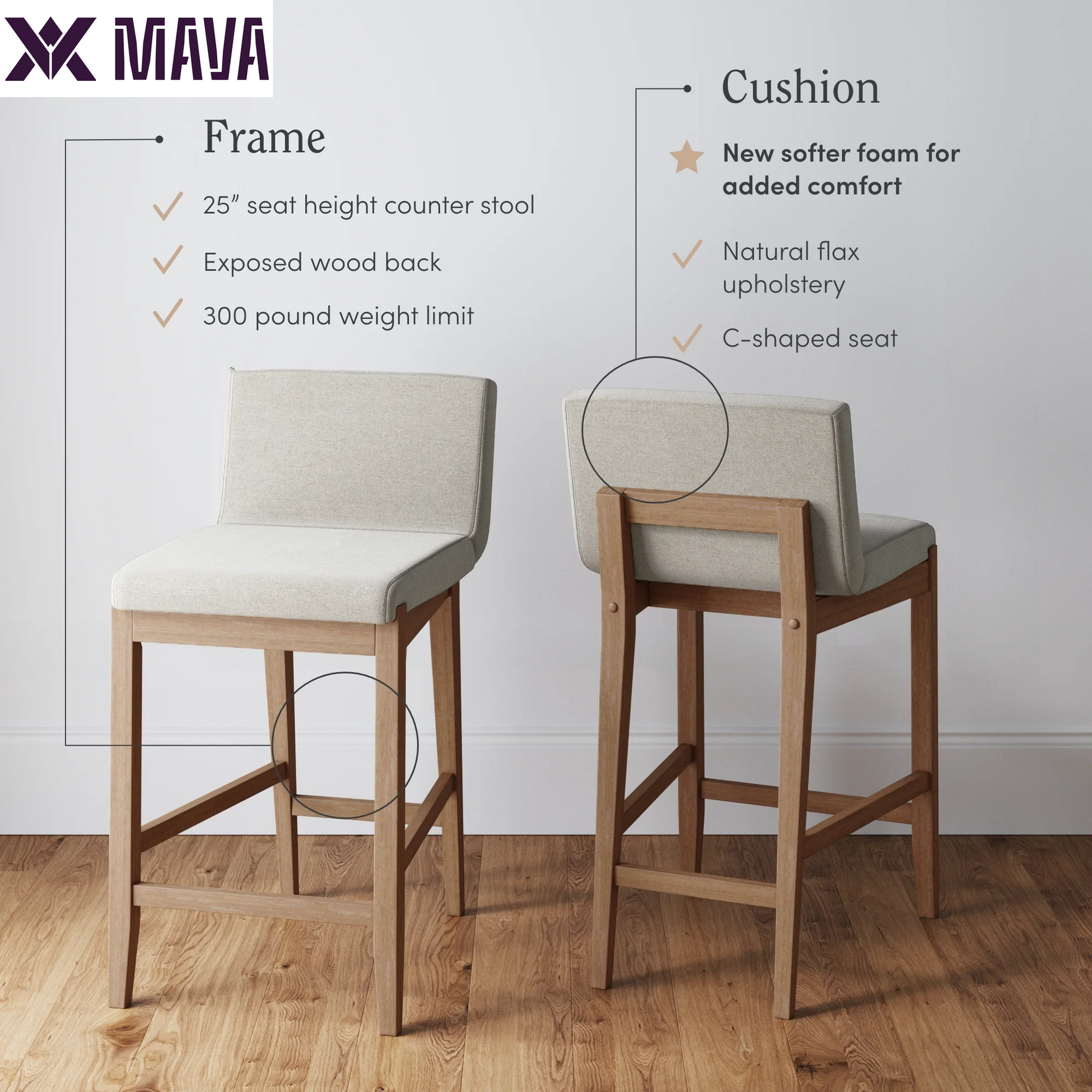 MAVA Modern Counter Height Bar Stool with Back, Counter Stool Upholstered Chair with Natural Flax White Fabric and Brushed Wooden Legs