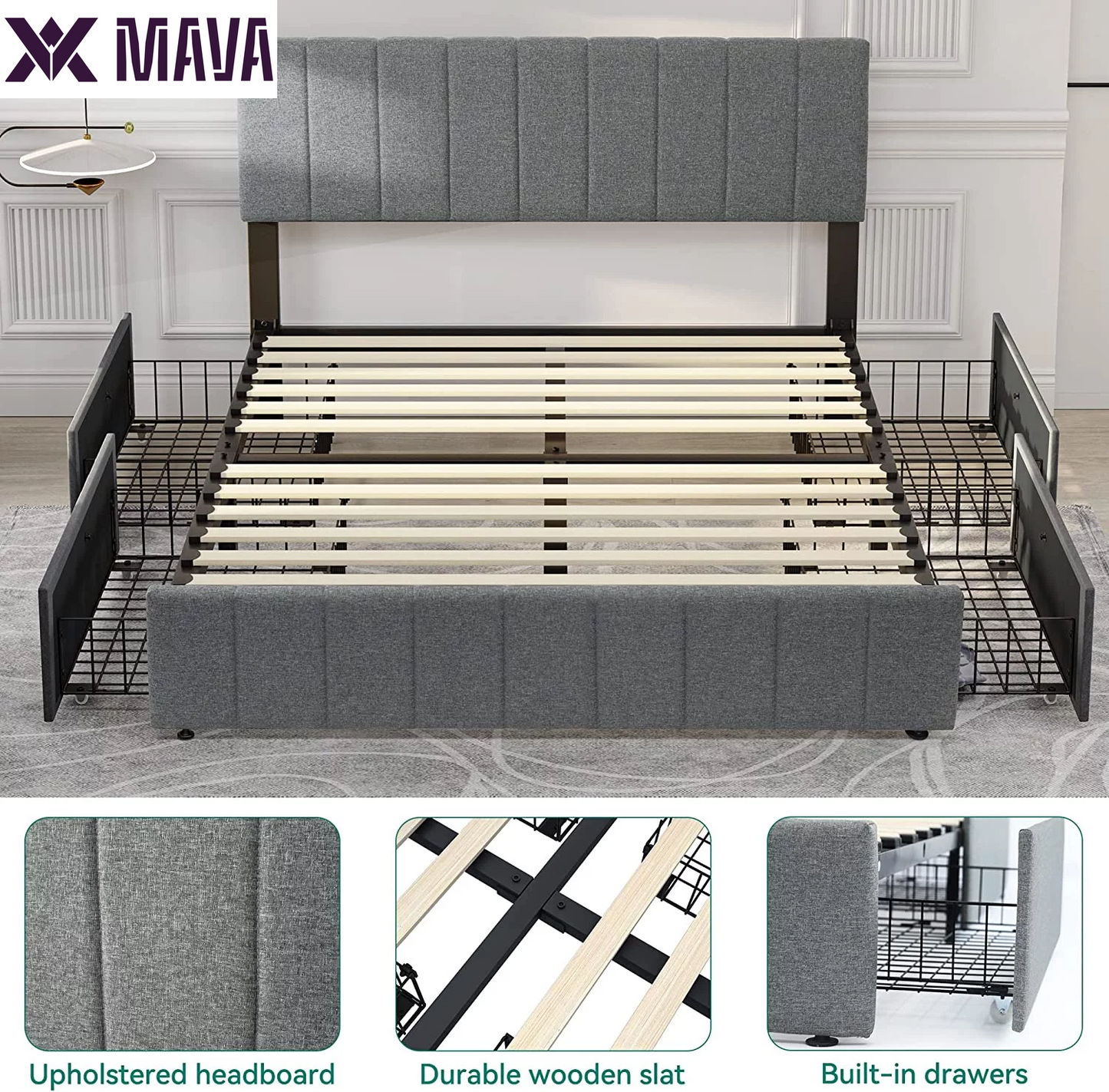 MAVA Upholstered Platform Bed Frame with 4 Storage Drawers and Adjustable Headboard, Mattress Foundation with Sturdy Wood Slat Support, No Box Spring Needed, Grey(Queen)