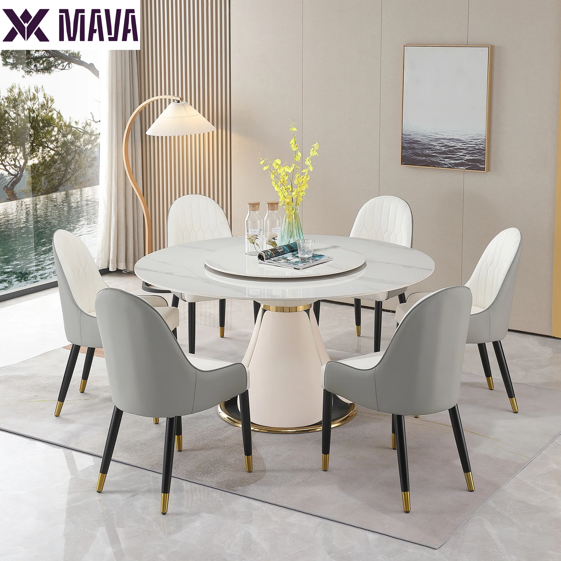 MAVA 59”  Sintered Stone round Kitchen Dining Table Set with 31.5” round Turntable for 6 People with Stainless Steel Base with 6 Chairs