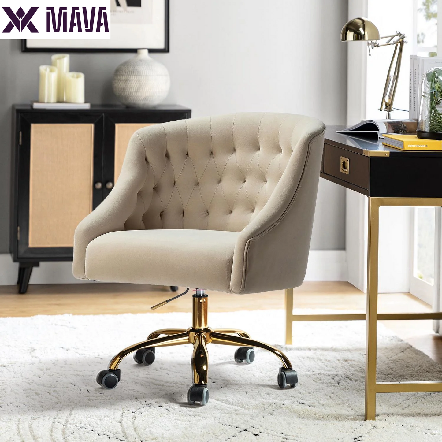 MAVA Modern Home Task Chair Swivel Rolling Computer Velvet Fabric Gold Legs Makeup Vanity Chairs Adult Pink