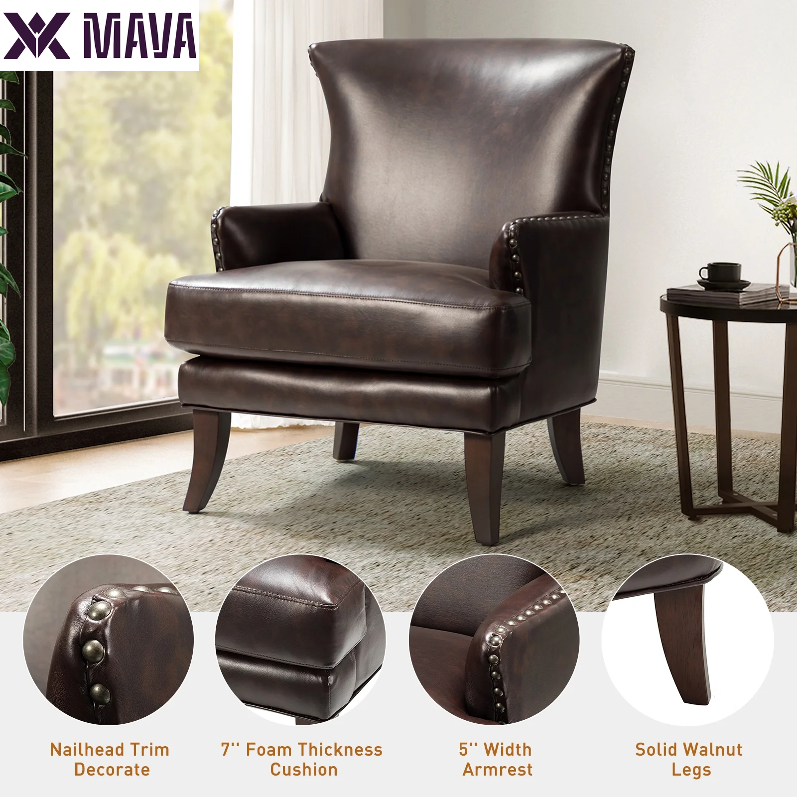 MAVA Vegan Leather Accent Chair Wingback Tight Back Nailhead Trim Wood Legs Lounge Armchair Sofa Home Living Room Adult Brown