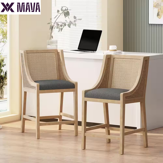 MAVA 25.5 In. Charcoal and Natural Cane Back Rubberwood Counter Stool (Set of 2)