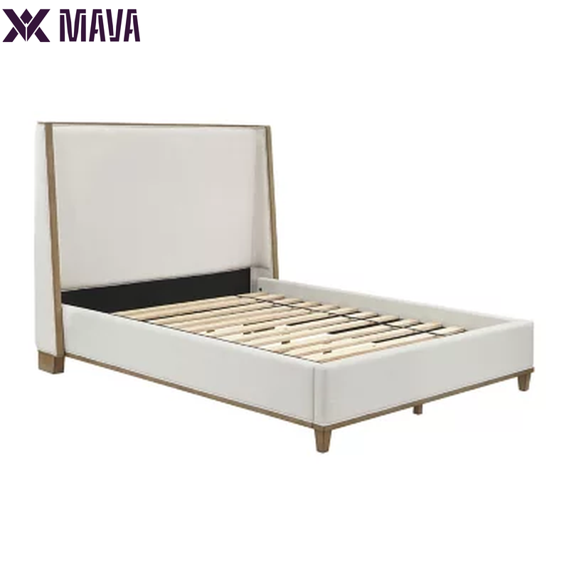 MAVA Beige Fabric Upholstery and Wood Queen Size Bed Frame