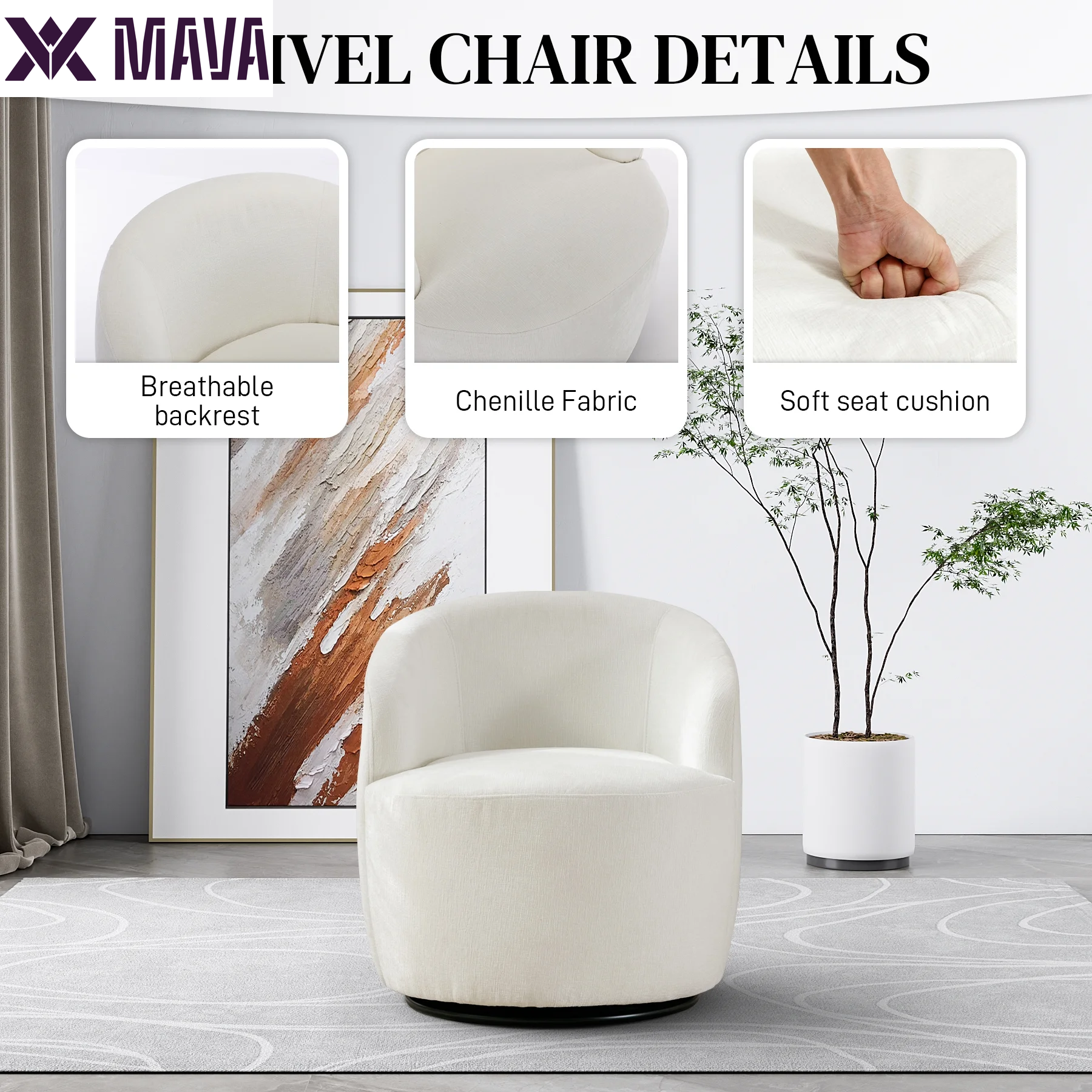 MAVA Swivel Barrel Chair Set of 2, Upholstered Boucle Swivel Accent Chair, Comfy Sherpa Swivel Lounge Chair, Modern 360 Swivel Arm Chair Reading Chair for Living Room Bedroom Club, Ivory Chenille