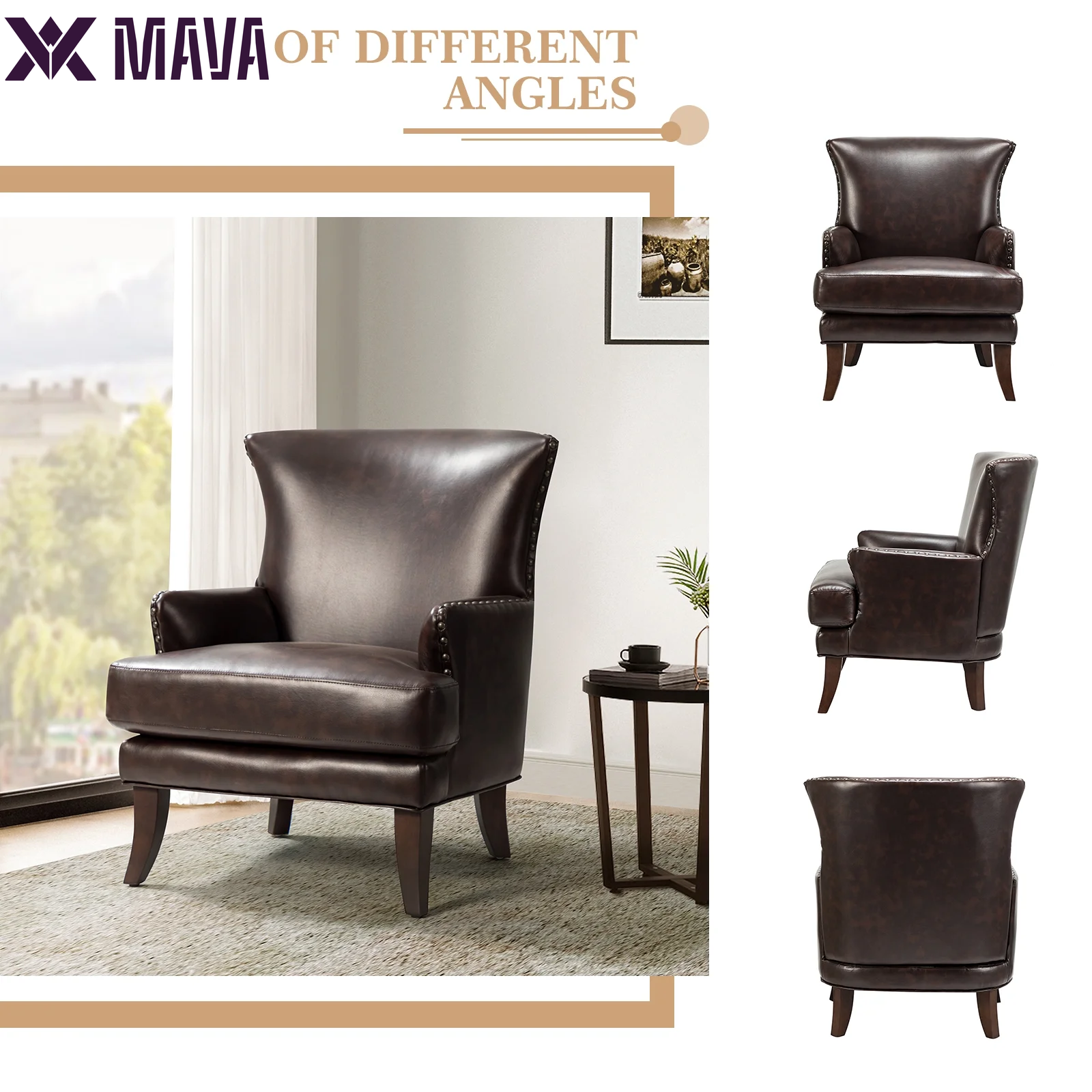 MAVA Vegan Leather Accent Chair Wingback Tight Back Nailhead Trim Wood Legs Lounge Armchair Sofa Home Living Room Adult Brown