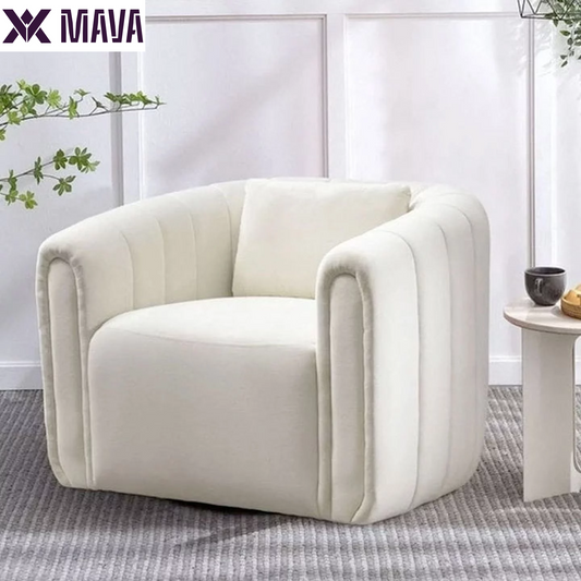 MAVA Swivel Barrel Chair with Plump Pillow, Modern Channel Velvet Accent Chair, Comfy round Armchair, Swivel Accent Chair for Living Room Bedroom (Beige)