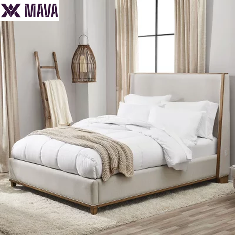 MAVA Beige Fabric Upholstery and Wood Queen Size Bed Frame