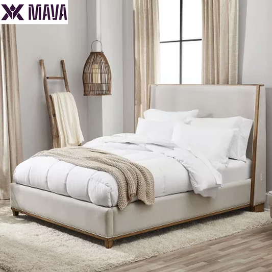 MAVA Beige Fabric Upholstery and Wood Queen Size Bed Frame