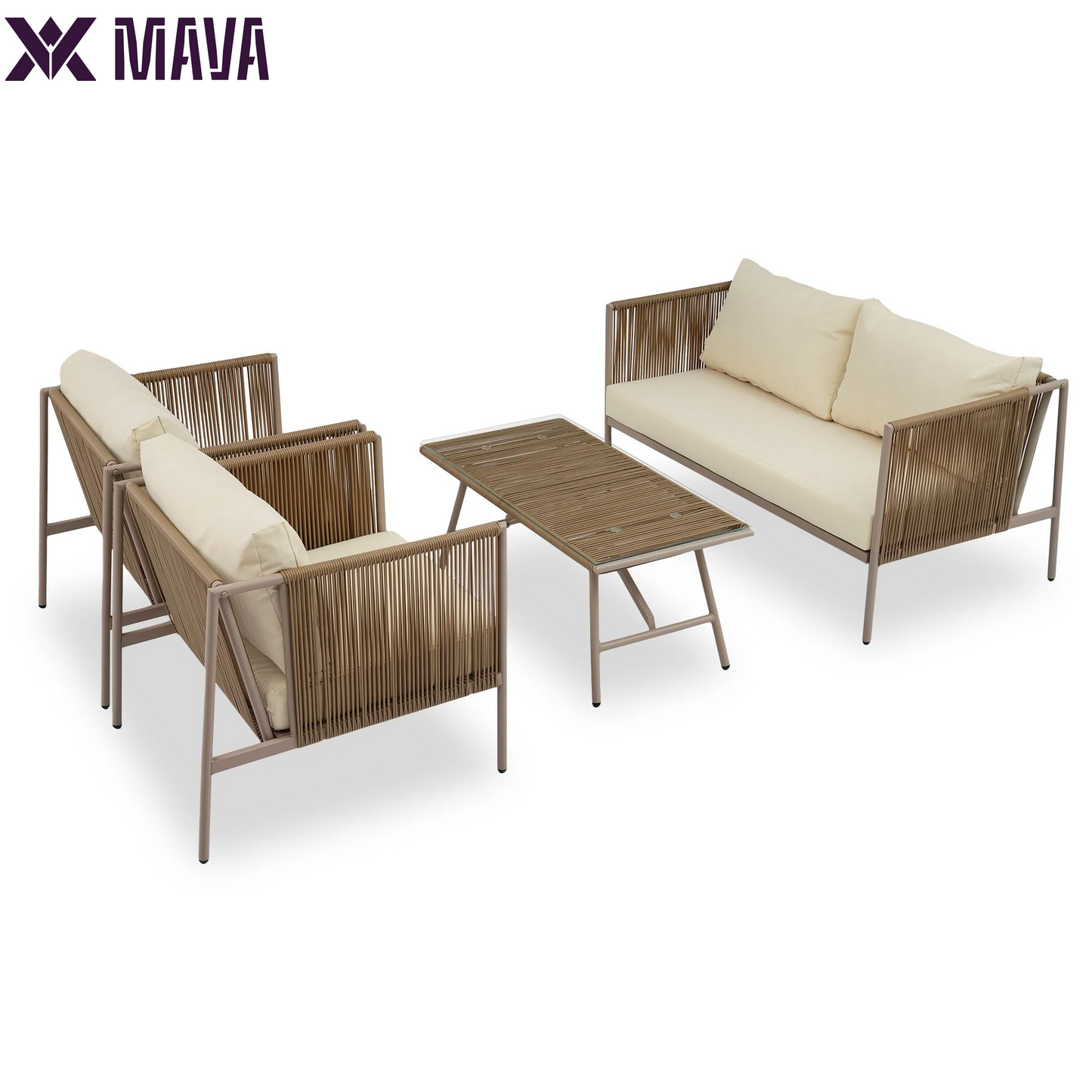 MAVA 4 Person Rope Outdoor Furniture Set 4 Pieces Patio Metal Conversation Sets Patio Sectional Sofa Set with Thick Cushions, Loveseat and Glass Table(Beige)