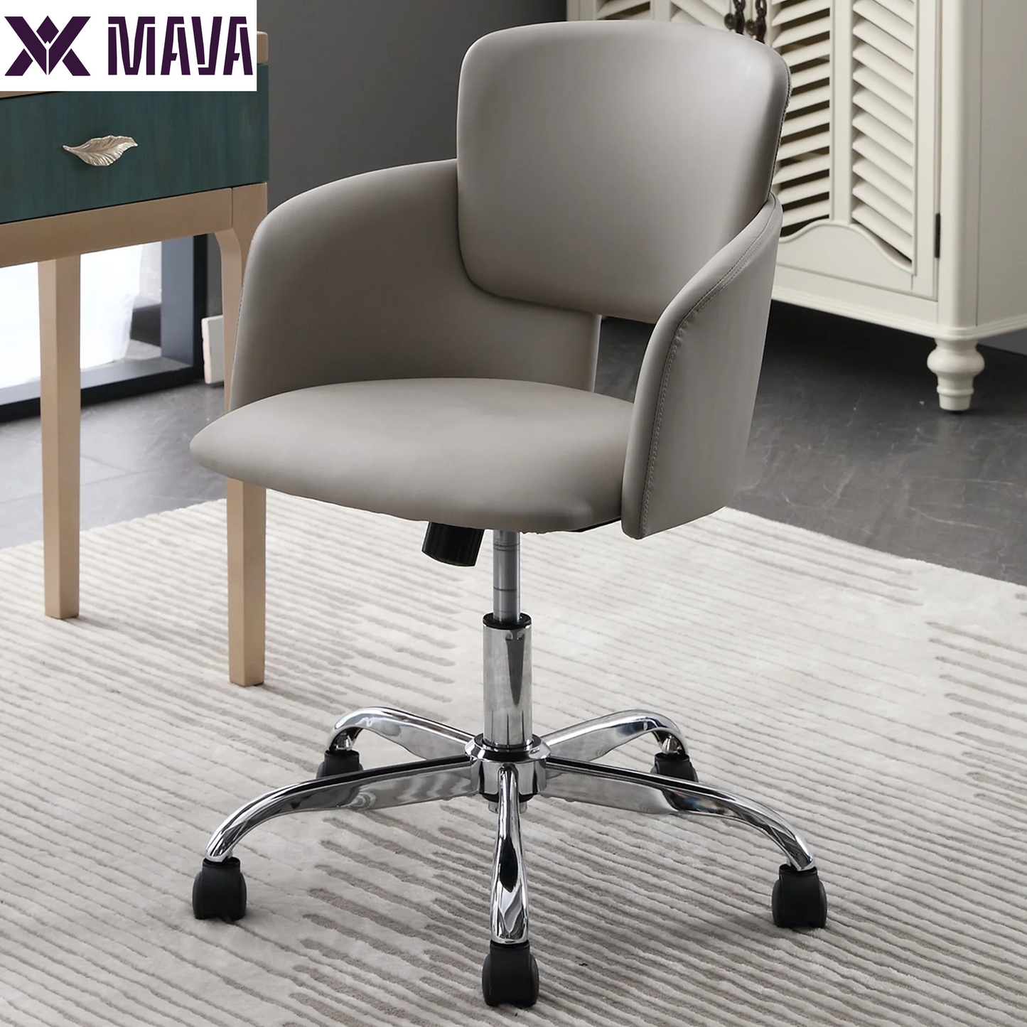 MAVA Office Chair, Ergonomic Home Office Chair, PU Leather Upholstered Computer Chair with Wheels & Adjustable Height, Modern Desk Chair Swivel Arm Chairs for Living Room Bedroom Office, Beige