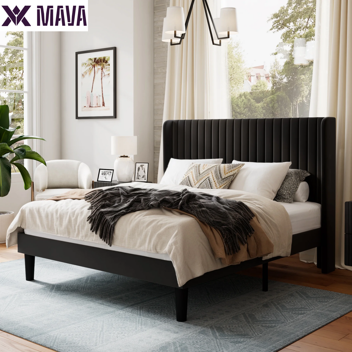 MAVA Queen Size Upholstered Platform Bed Frame with Velvet Channel Wingback Headboard, off White