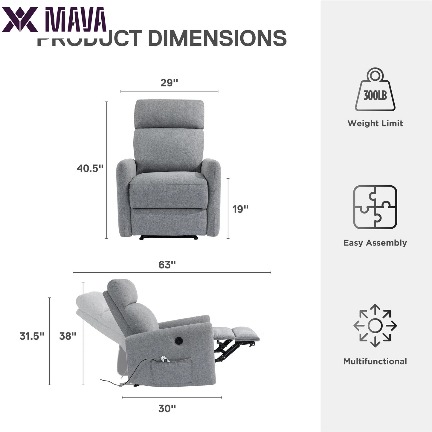 MAVA Power Recliner Chair with 8 Zone Massage and Lumbar Heat, Dark Gray Linen