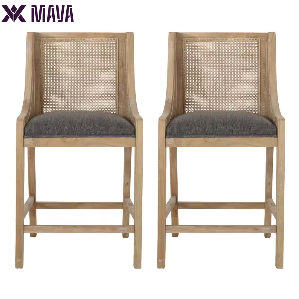 MAVA 25.5 In. Charcoal and Natural Cane Back Rubberwood Counter Stool (Set of 2)