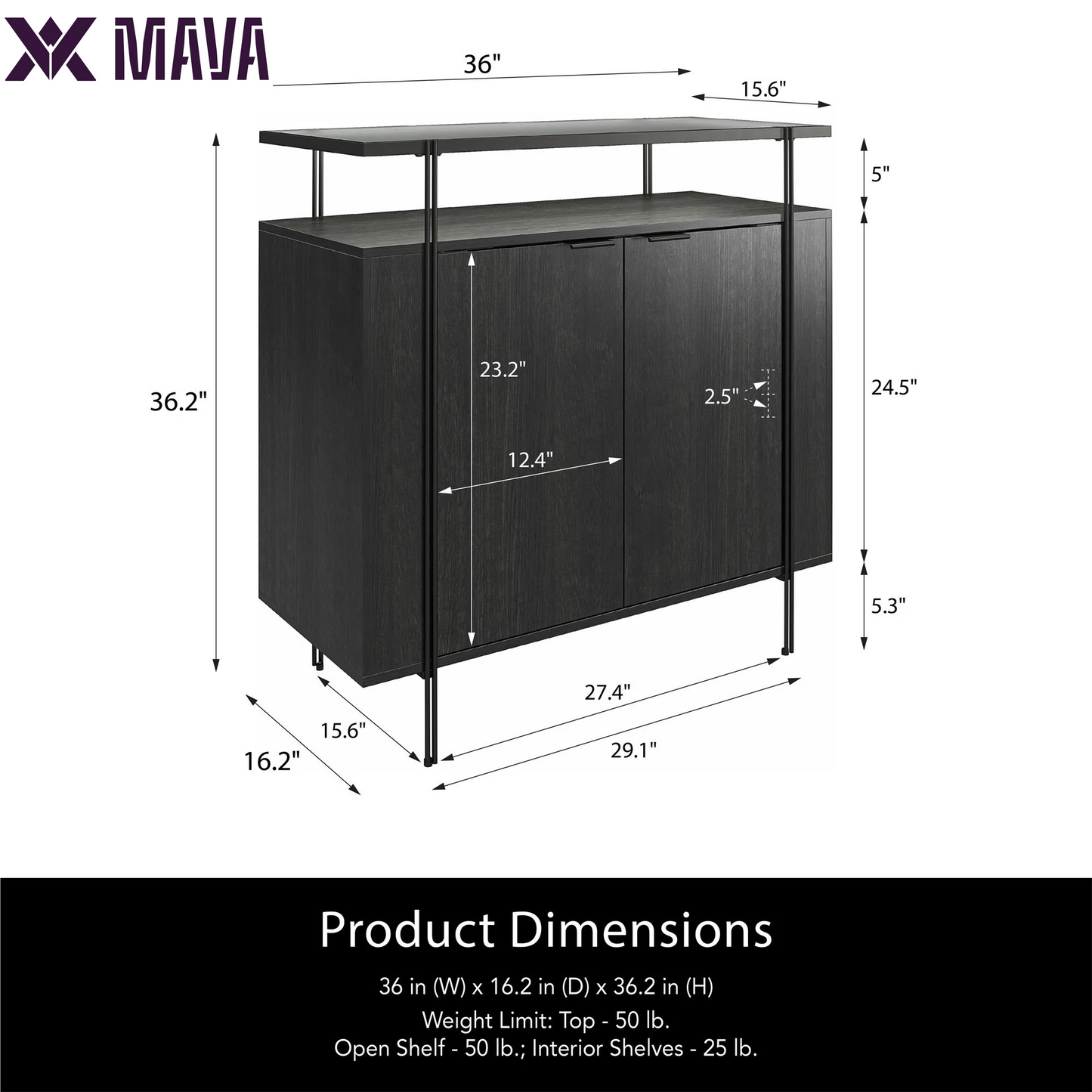 MAVA Vance Bar Cabinet, Black Oak