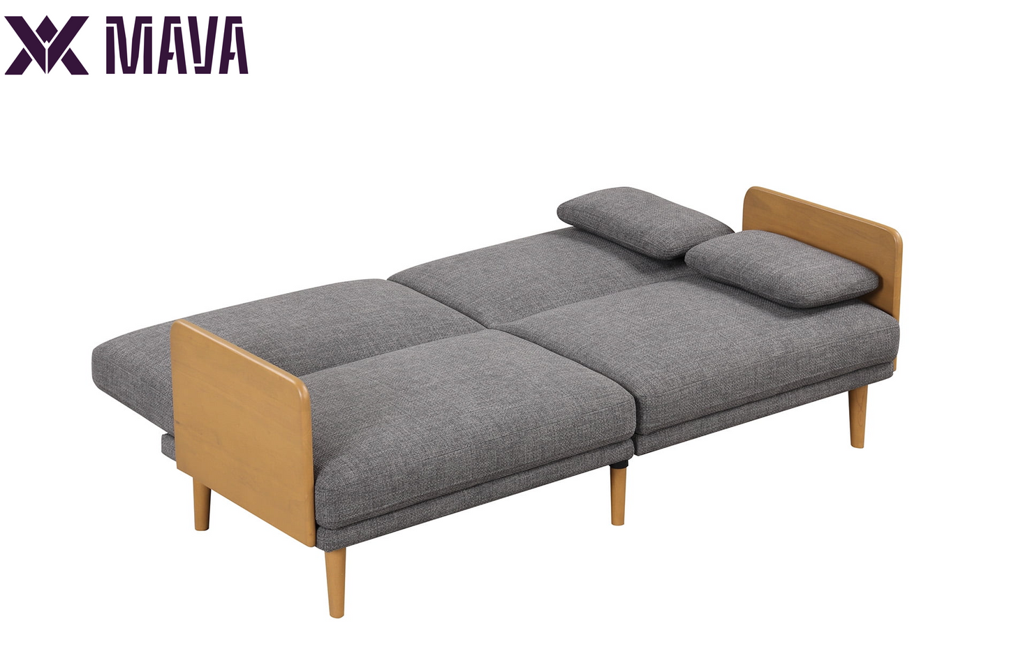 MAVA 73" Reading Futon, Natural Rubber Wood Legs & Arms, Grey Linen Fabric