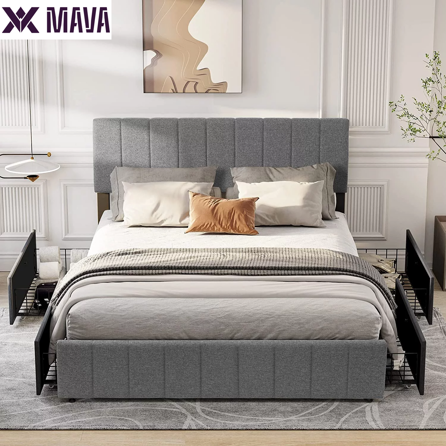 MAVA Upholstered Platform Bed Frame with 4 Storage Drawers and Adjustable Headboard, Mattress Foundation with Sturdy Wood Slat Support, No Box Spring Needed, Grey(Queen)