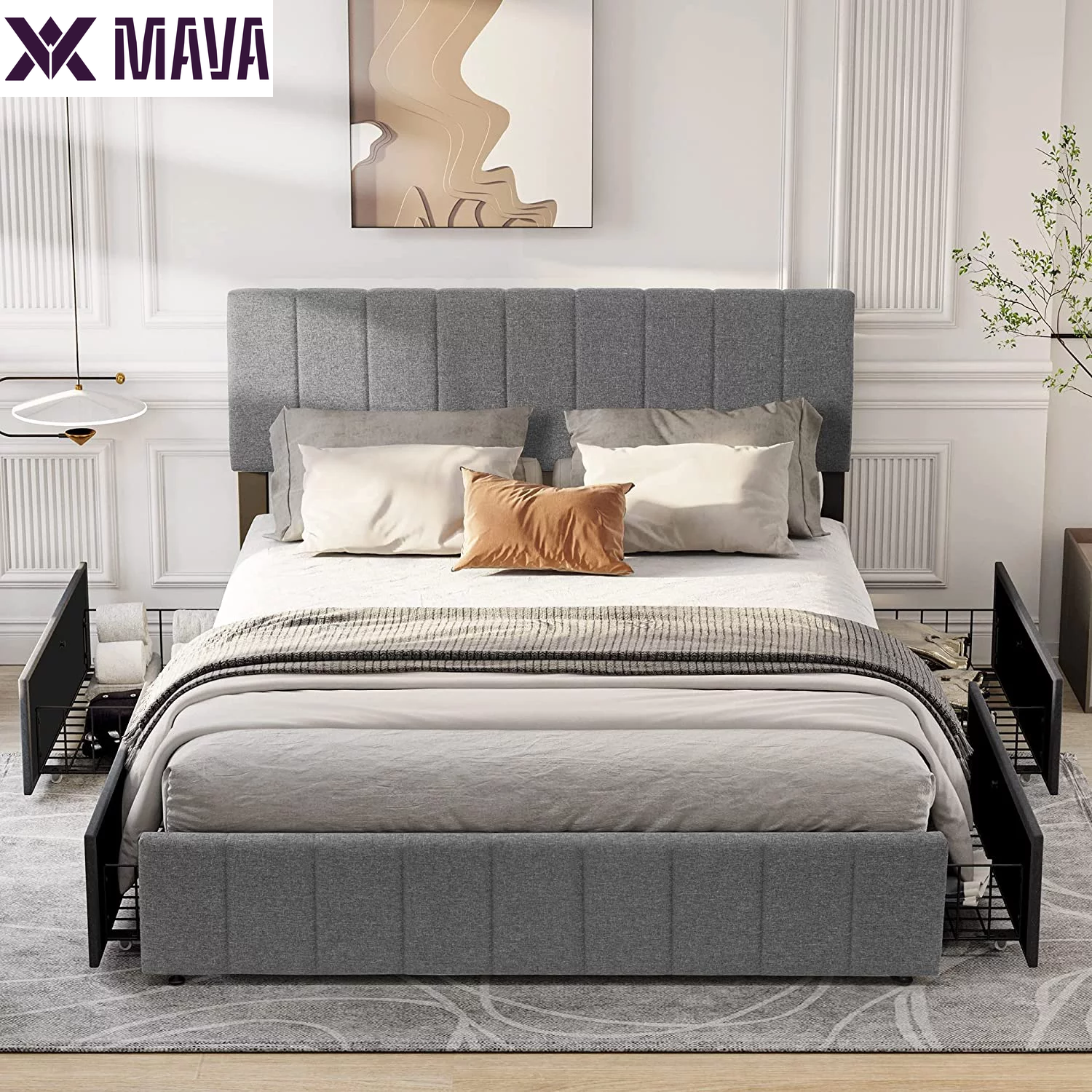 MAVA Upholstered Platform Bed Frame with 4 Storage Drawers and Adjustable Headboard, Mattress Foundation with Sturdy Wood Slat Support, No Box Spring Needed, Grey(Queen)