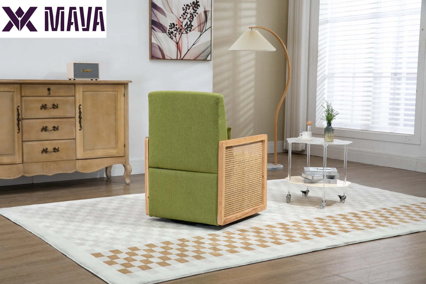 MAVA Swivel Barrel Chair, Modern Linen Accent Chair with Rattan Armrest, Upholstered Comfy Swivel Accent Chair