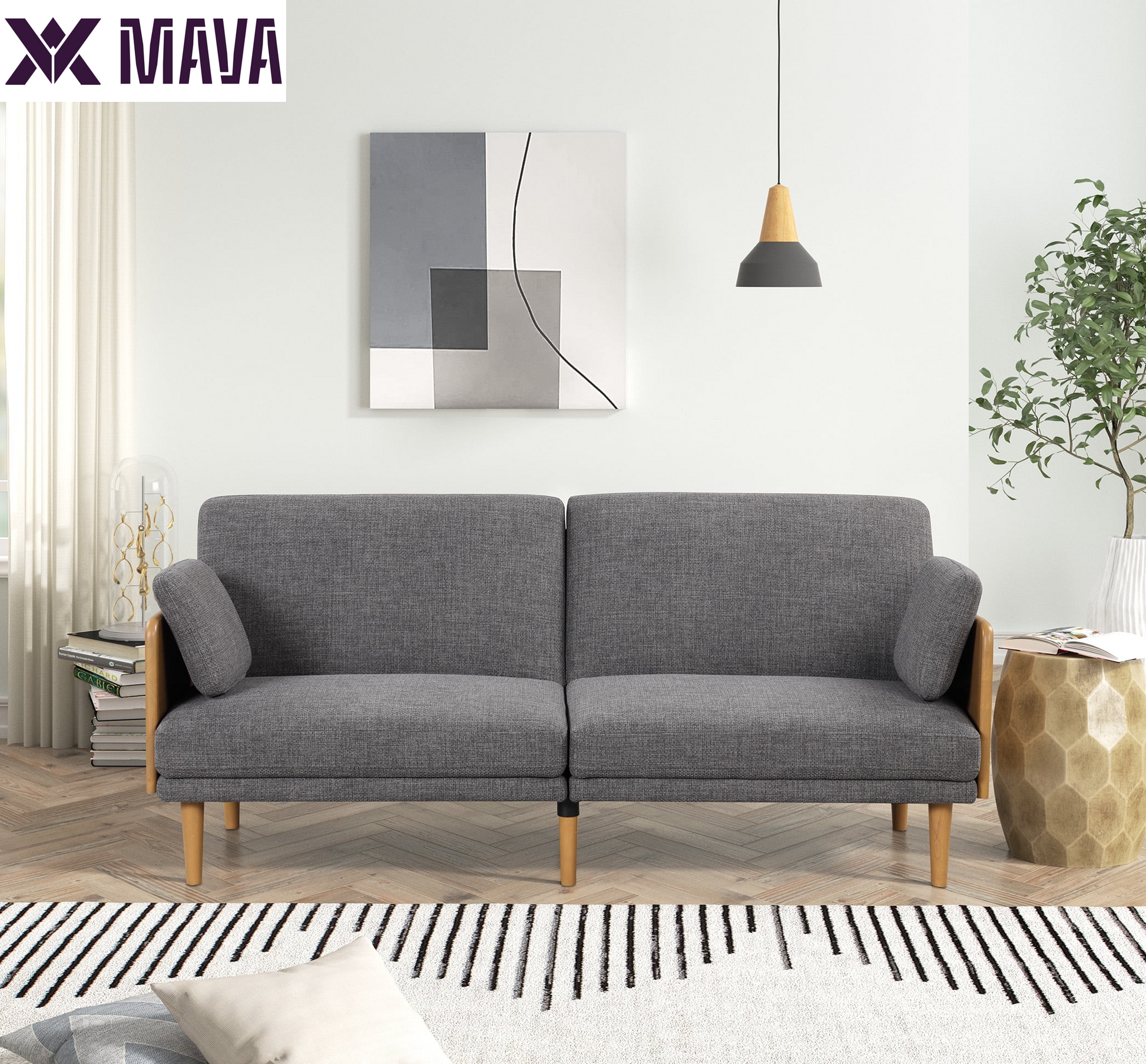 MAVA 73" Reading Futon, Natural Rubber Wood Legs & Arms, Grey Linen Fabric