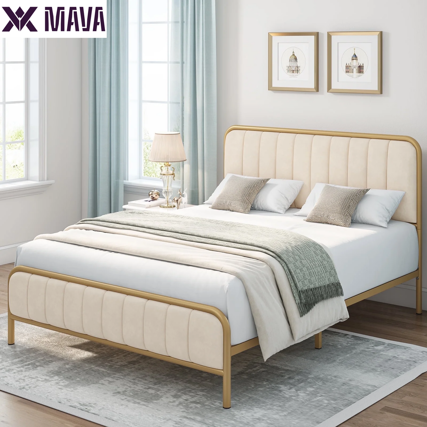 MAVA King Size Bed Frame, round Metal Tube Heavy Duty Bed Frame with Tufted Upholstered Headboard, Gold and Beige