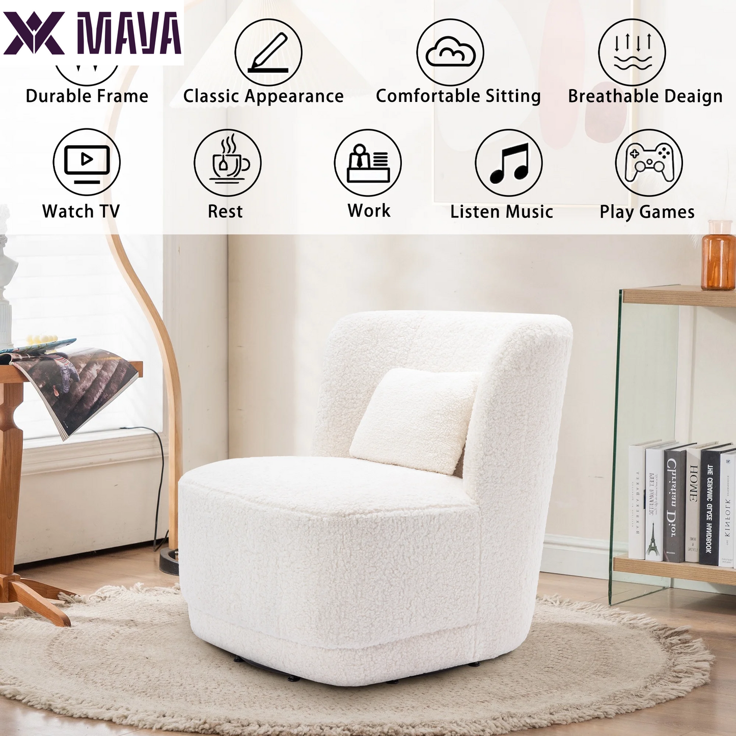 MAVA Swivel Accent Chair, Modern Teddy Fabric Upholstered 360°Swivel Barrel Chair Leisure Chair, Comfy Single Sofa Chair with Pillow, Reading Chair for Living Room Bedroom Office Lounge, White